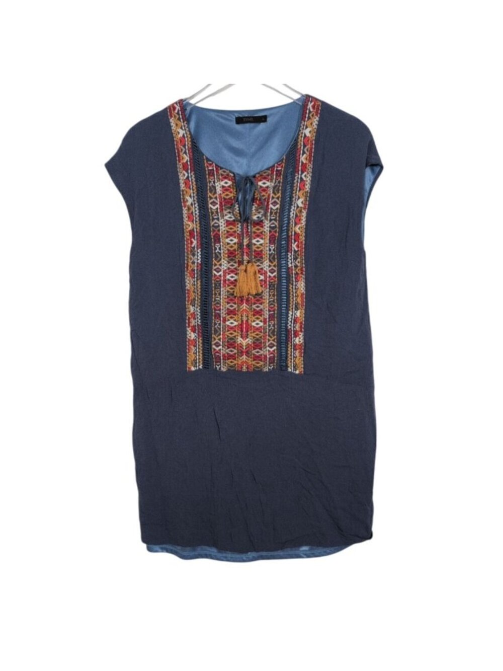 THML Embroidered Dress Womens Size Large Blue Tassels Boho Lined Rayon Linen